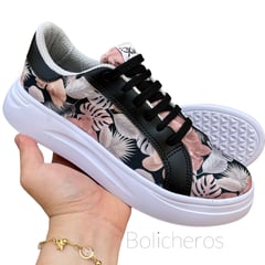 XIAN SHOES - Bolichero flores negras Mujer