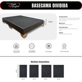 ESTILO Y CONFORT - Basecama 160x190 dividida tela gris pata madera.