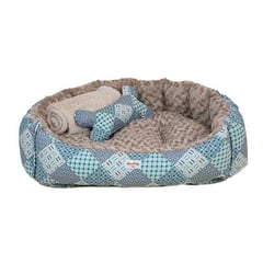 GUAMBA - COMBO CAMA MASCOTA PATCHWORK PEQUEÑA 50X50 AZUL