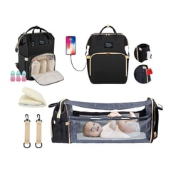 BABY ON - Morral pañalera tipo cuna con cambiador 3 en 1 usb Negra