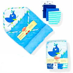 GENERICO - Set toalla baño bebe niño con 2 toallitas - azul