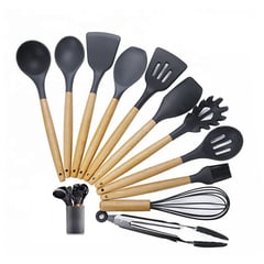 GENERICO - Juego utensilios cocina silicona x12 sin bpa mango madera