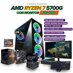 AMD - PC GAMER RYZEN 7 5700G/ SSD 512GB M.2/ HDD 1TB / RAM 16GB/ MONITOR FHD 22"