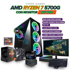 AMD - PC GAMER RYZEN 7 5700G / 32GB RAM/ SSD 1TB/ BOARD A520/ MONITOR FHD 22"