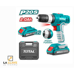 TOTAL - Taladro Inalámbrico de 20 V con percutor + 2 Baterías y cargador