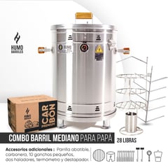 HUMO BARRILES - Combo Barril 28 Libras + Acc. Base + Choricera + Acc. Multiusos + Acc. Pollo + Carbón Premium.