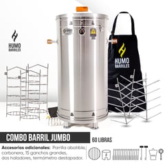 HUMO BARRILES - Combo Barril 60 Lbs + Acc. Base + 3 Choriceras + 3 Acc. Multiusos + Delantal + 15 Ganchos.