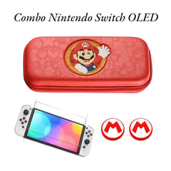 NINTENDO SWITCH - Combo Estuche Mario Rojo + Vidrio + 2 grips Para Nintendo Switch/ Oled