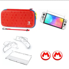 NINTENDO SWITCH - Estuche De Mario Rojo/Azul + Acrilico + 2 Grips + Vidrio Switch Oled