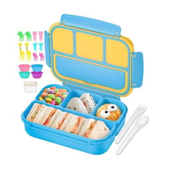 GENERICO - Lonchera Bento 4 Compartimientos Divisiones Niños Accesorios Azul Amarillo