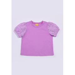 BABY PLANET - Camiseta violeta en ojalillo y manga corta para bebé niña