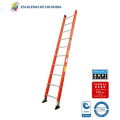 ESCALERAS DE COLOMBIA - Escalera Certificada Tipo Sencilla En Fibra De Vidrio 10 Pasos / 3.00Mts 136kg