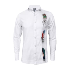 SON DOS - Camisa guayabera lino blanco bordada plumas manga larga