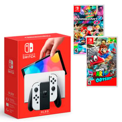 NINTENDO SWITCH - Consola Oled Blanca + Mario Odyssey + Mario Kart 8