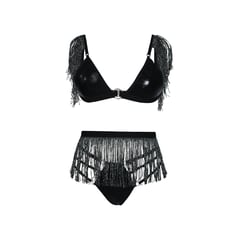 ELECTRIK LINGERIE - Conjunto Burning en Negro con Sensuales Flecos Plateados