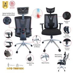 MUEBLESYA - Silla de Oficina Sesquilé Presidente + Apoyo Lumbar + Brazos 3D+Cromo+Ruedas de Goma 50CM