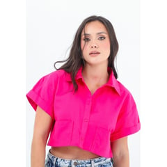 BELIFE - Blusa Manga Corta Fucsia Con Doblez, Cuello Camisero Para Mujer