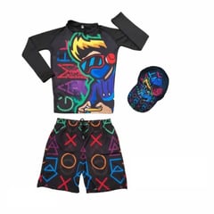 GENERICO - Traje de baño Infantil Buzo Pantaloneta y Gorra - Gamer Negro