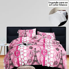 VOYPRE - Edredón Estampado-Unicolor Grueso Tamaño Queen Paris Rosa-Blanco