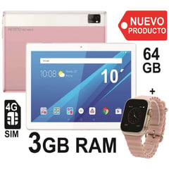 KRONO - Tablet 10 Pulgadas SIM CARD 4G 3GB Ram Android 12 64GB Doble Cámara + Smartwatch ROSADO