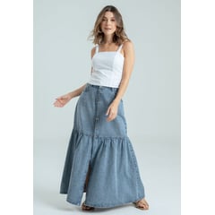 RAGGED - Falda larga denim bolero Azul medio