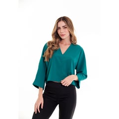 BELIFE - Blusa Manga Larga Verde Escote En V Para Mujer Belife.