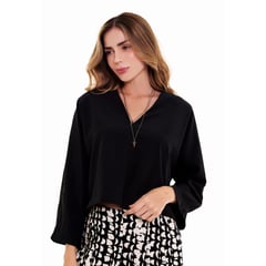 BELIFE - Blusa Manga Larga Negro Escote En V Para Mujer Belife.-