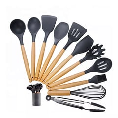 GENERICO - Juego Utensilios Cocina Silicona X12 Sin Bpa Mango Madera