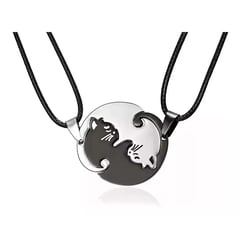 GENERICO - Collar Parejas Novios Acero Inox Cuero Yin Yang Gato Amistad