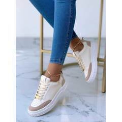 GENERICO - Tenis Casual Dos Líneas Oxford Mujer Dama Madre Zapatos-Beige