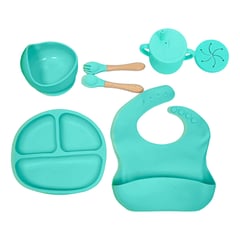 XALTA - Set Vajilla Bebe En Silicona Kit Alimentacion Plato Babero -Verde Claro