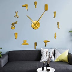 COOL TIME RELOJES - Reloj De Pared 3d Grande 50 Cm Dorado Diseño Peluqueria
