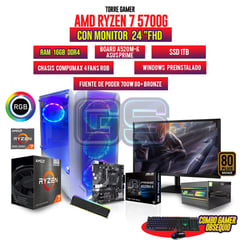 AMD - PC GAMER RYZEN 7 5700G MONITOR 24" FHD 16GB RAM SSD 1TB CHASIS 4 FANS RGB