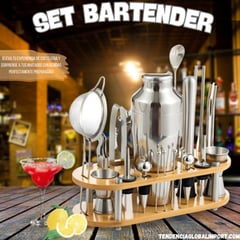 BARTENDING COLOMBIA - KIT COCTELERO 24 PIEZAS ACERO INOXIDABLE + TABLA