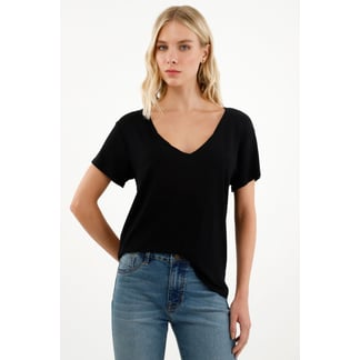 TENNIS - Camiseta negra cuello V para mujer