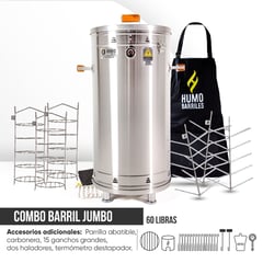 HUMO BARRILES - Combo Barril 60 Lbs + Acc. Base + 3 Choriceras + 3 Acc. Multiusos + Delantal + 15 Ganchos