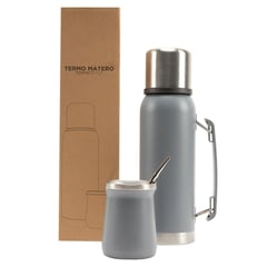 GENERICO - Termo Mate 1 lt + Mate Con Bombilla Acero Inoxidable - Gris