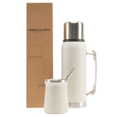 GENERICO - Termo Mate 1 lt + Mate Con Bombilla Acero Inoxidable - Crema