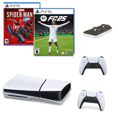 SONY - Consola Ps5 Slim 1 Tb + 2 Mandos + Spiderman 2+ Fc 25 + Cargador Dobe