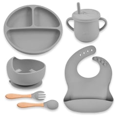 BOOGY - Set 7 piezas Vajilla alimentacion silicona para bebe Gris