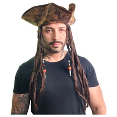 GENERICO - Sombrero Peluca Pirata Jack Sparrow 3 Puntas Caribe Disfraz