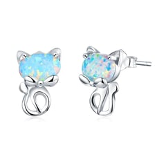 ALHAJAS - Aretes Topitos Para Mujer Gato Ópalo Fabricados En Plata 925