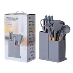 GENERICO - Set Utensilios Cocina Silicona + Set Cuchillos X19 Pcs Color Gris