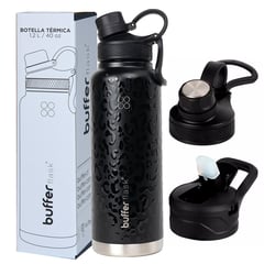 BUFFER FLASK - Termo Botella Termica 1,2 Buffer Acero Inox Tapas - Negro