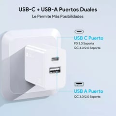 1 HORA - Cargador doble puerto, 1 salida usb 20W, 2 salida tipo C 15W