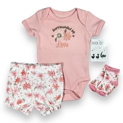 DUCK - Conjunto 3 Pcs Ropa Bebe Niña Algodon Bodie Short y Medias