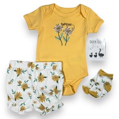 DUCK - Conjunto 3 Pcs Ropa Bebe Niña Algodon Bodie Short y Medias