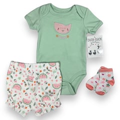 DUCK - Conjunto 3 Pcs Ropa Bebe Niña Algodon Bodie Short y Medias