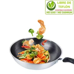 SISDATA - Sartén Wok Oriental Panal de Abeja Acero al Carbono Libre de Teflón