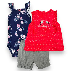 GENERICO - Conjunto 3 Pcs Ropa Bebe Niña 100% Algodon Body Camisa Short